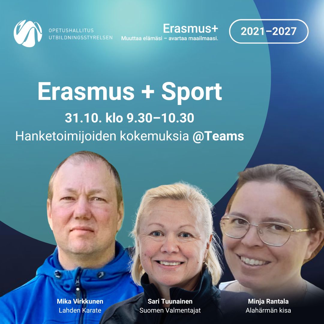 Huomenna käynnistyy Erasmus + Sport -hakuwebinaarien sarja! Tervetuloa linjoille Teamsiin, ei ennakkoilmoittautumista 💪➡️

oph.fi/fi/ohjelmat/ko…