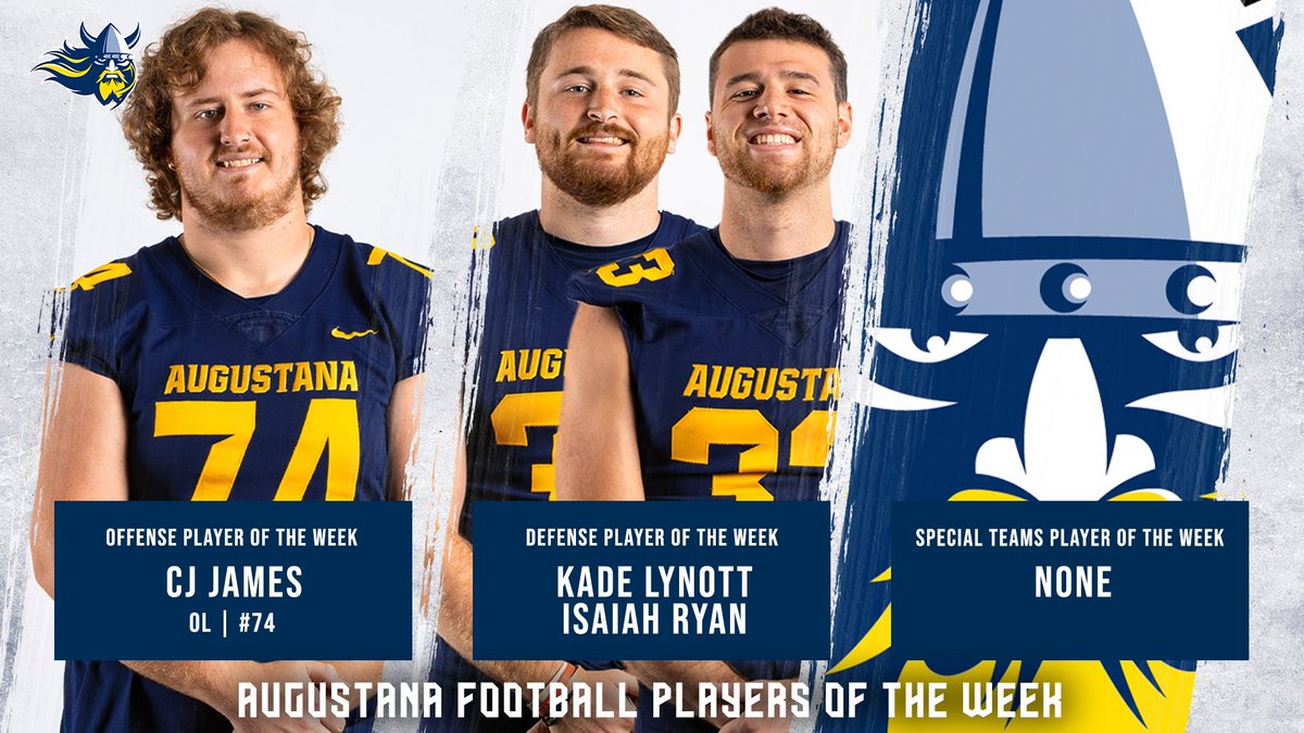 Augustana Football (@augiefb) on Twitter photo Congratulations to our Players of the Week for Week Eight⚔️
🟡 <a href="/CJjames5474/">CJ james- Caleb</a>
🟡 <a href="/KadeLynott/">Kade Lynott</a>
🟡 <a href="/isaiahryan7/">isaiah 🌪</a>
#BeTheRock ⚔️ #BuildingChampions Congratulations to our Players of the Week for Week Eight⚔️
🟡 <a href="/CJjames5474/">CJ james- Caleb</a>
🟡 <a href="/KadeLynott/">Kade Lynott</a>
🟡 <a href="/isaiahryan7/">isaiah 🌪</a>
#BeTheRock ⚔️ #BuildingChampions