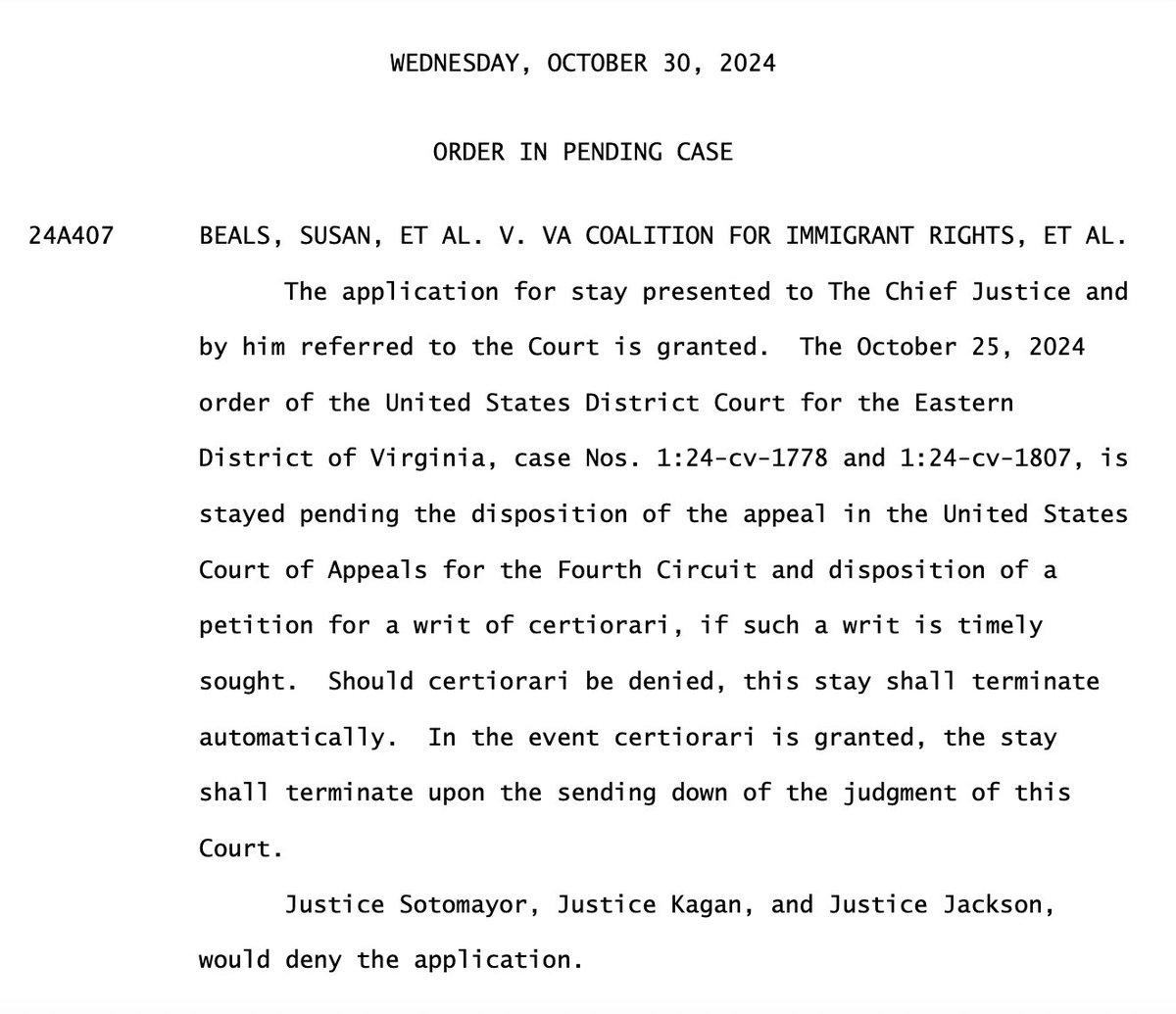 We won't weigh in on the merits of SCOTUS's decision to uphold Va.'s voter purge. We'll leave that to the election law experts.

That said, &amp; given the proximity to the election, we believe the majority has an obligation to explain to the public its reasons for granting the stay.