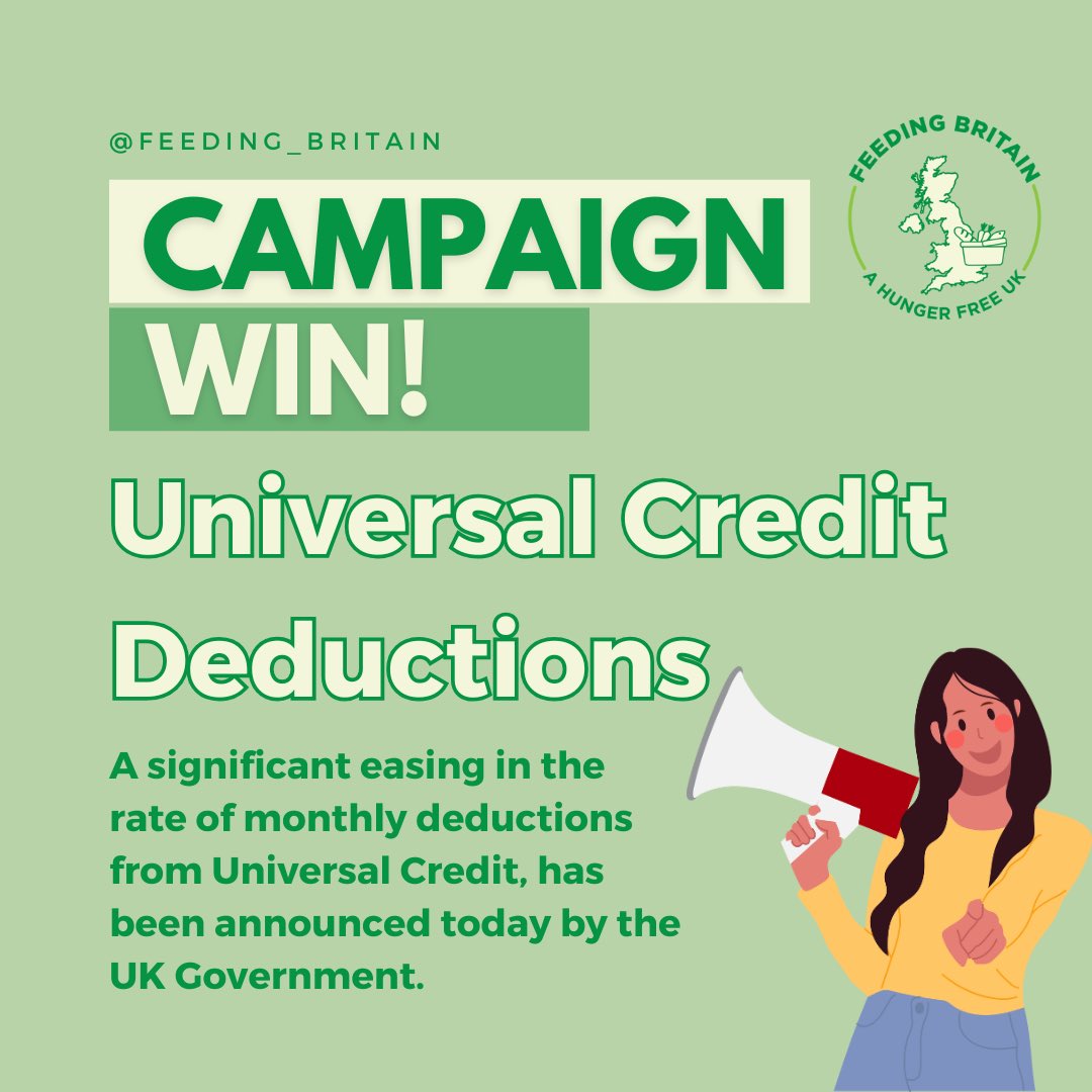Feeding Britain (@feeding_britain) on Twitter photo Campaign win! Today, the Government announced a significant easing in the rate of monthly deductions from Universal Credit. 
This will help keep more money in the pockets of people who are at risk of hunger, and address directly one of the main drivers of food insecurity. Campaign win! Today, the Government announced a significant easing in the rate of monthly deductions from Universal Credit. 
This will help keep more money in the pockets of people who are at risk of hunger, and address directly one of the main drivers of food insecurity.