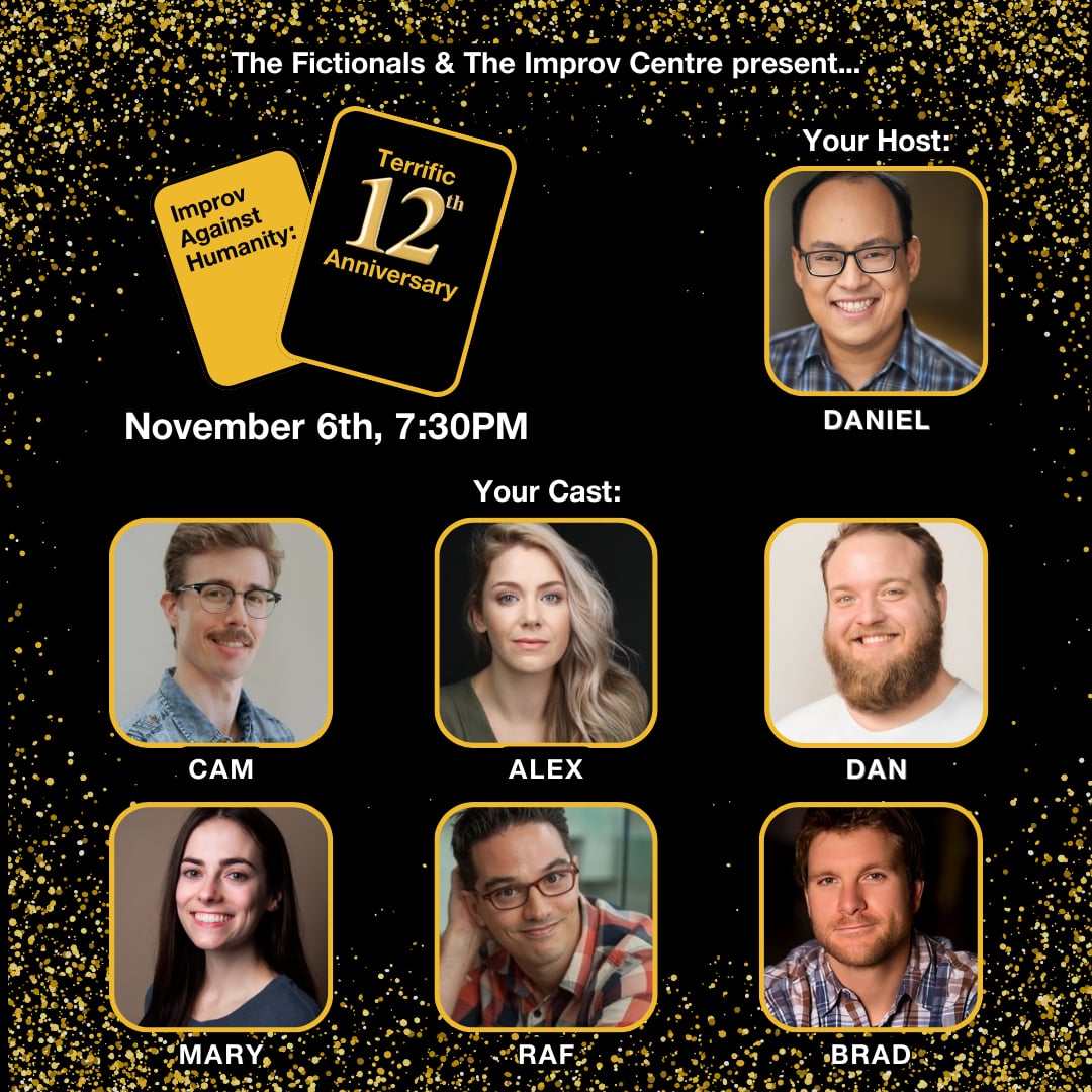 Improv Against Humanity returns to The Improv Centre on Wednesday, November 6! Here's the talented cast onstage bringing the laughs to Granville Island starting at 7:30 pm.

tickets.theimprovcentre.ca/TheatreManager…

Come get horrible and hilarious with us for a chance to win some amazing prizes!