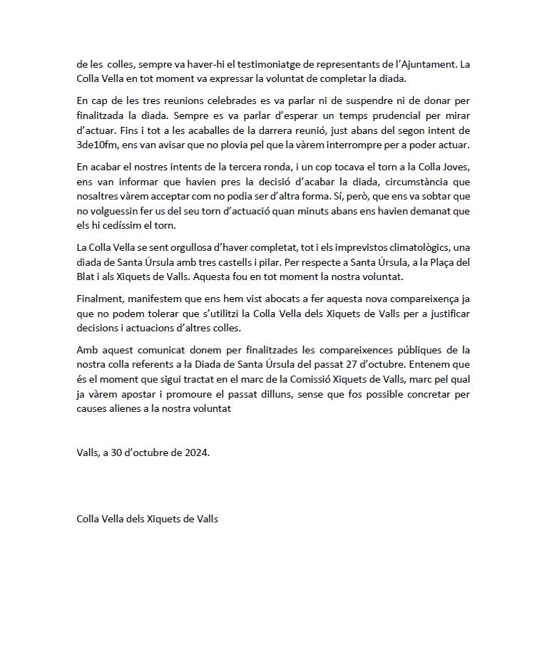 collavella's tweet photo. Comunicat de la Colla Vella dels Xiquets de Valls transmès en la roda de premsa d’aquesta tarda.

#castells https://t.co/iM2vDcHB18
