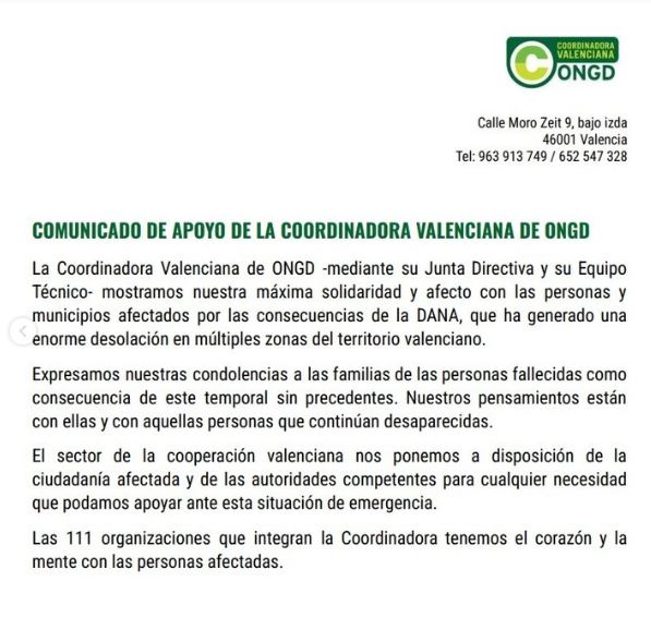 Expresamos todo nuestro dolor y condolencias a todas las personas que han perdido a sus seres queridos. Nos sumamos al comunicado de la Coordinadora Valenciana de ONGD: nos ponemos a disposición de la ciudadanía afectada y de las autoridades. #Valencia #INUNDACIÓN #Dana