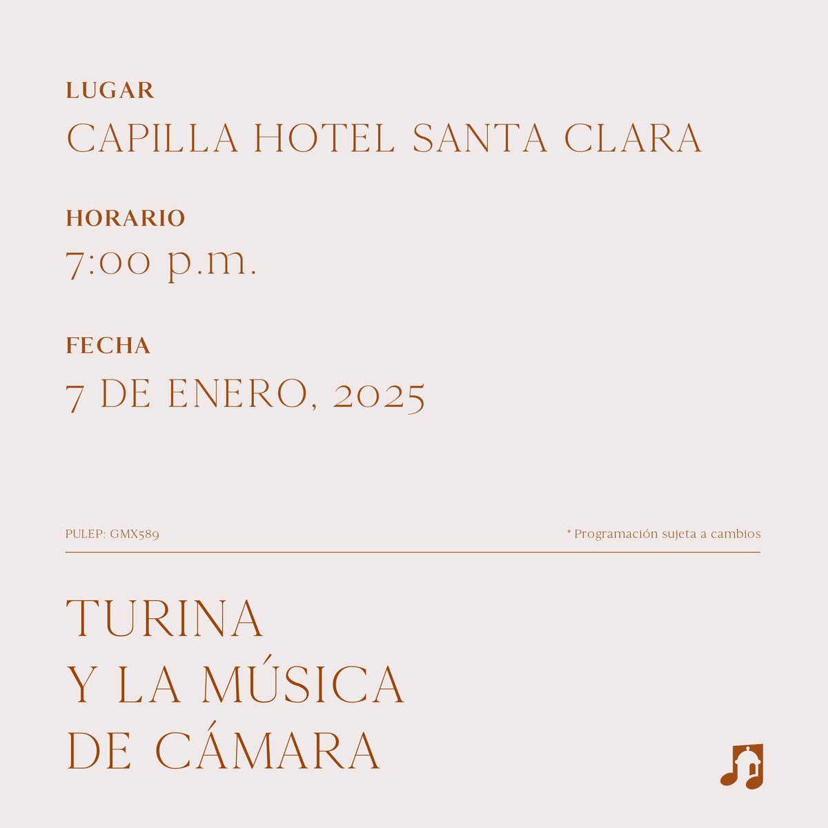 Esta y otras piezas de Joaquín Turina serán interpretadas en la Capilla del Hotel Sofitel Santa Clara por la agrupación de cámara <a href="/trioarbos/">Trío Arbós</a> , el dúo de guitarras Dúo del Mar, y la cantante flamenca <a href="/marina_heredia/">Marina Heredia</a>  el martes 7 de enero del 2025