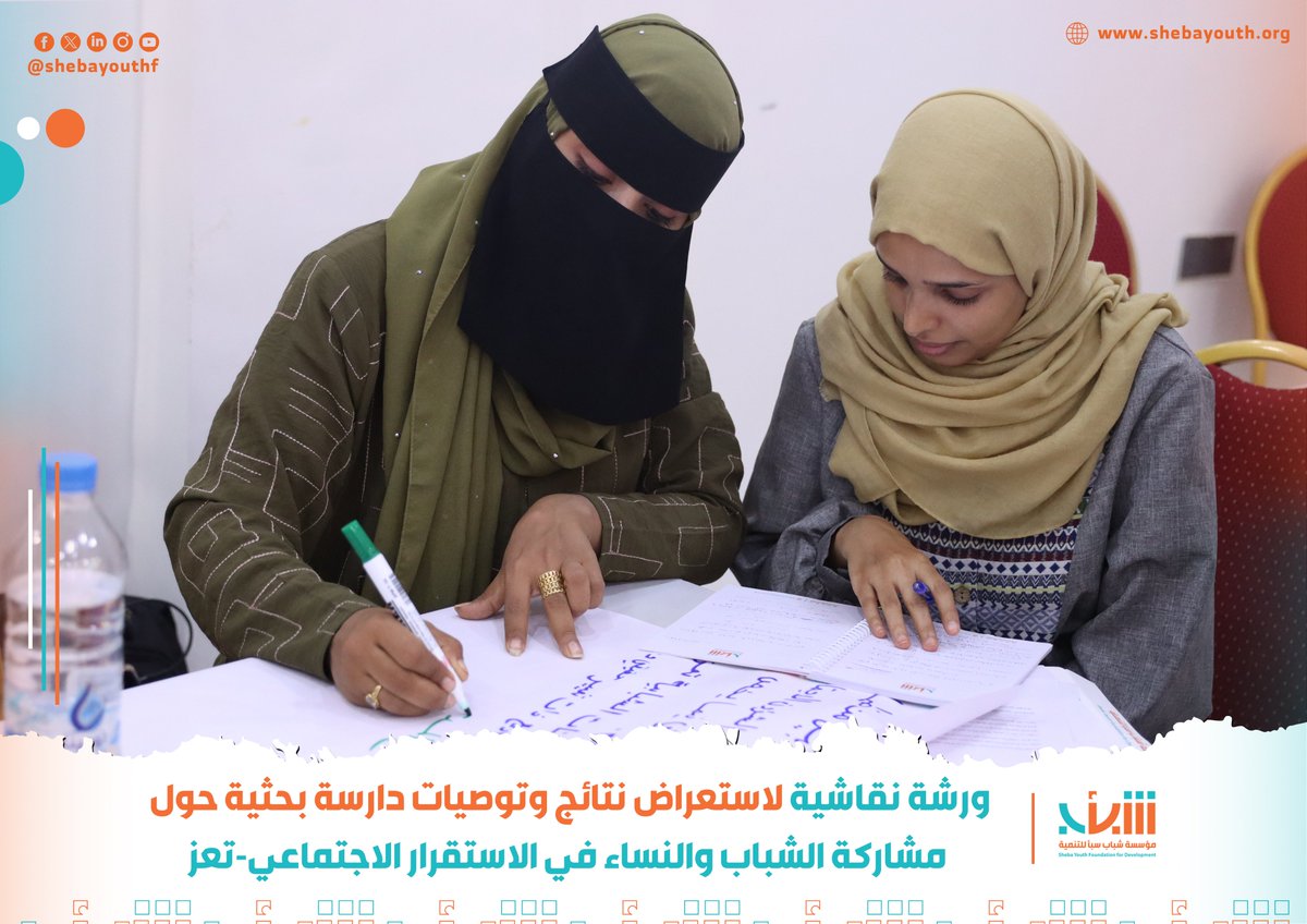 Shebayouthf's tweet photo. ضمن مشروع "مشاركة الشباب والنساء في الاستقرار الاجتماعي"، نفذت مؤسسة شباب سبأ للتنمية ورشة نقاشية في ثلاث محافظات (تعز،عدن ولحج)  لاستعراض توصيات ونتائج الدراسة البحثية بمشاركة الشباب والنساء في الاستقرار الاجتماعي. حيث قاد الدراسة البحثية عدد 30 باحث في الثلاث المحافظات https://t.co/lLQnBfzyjh