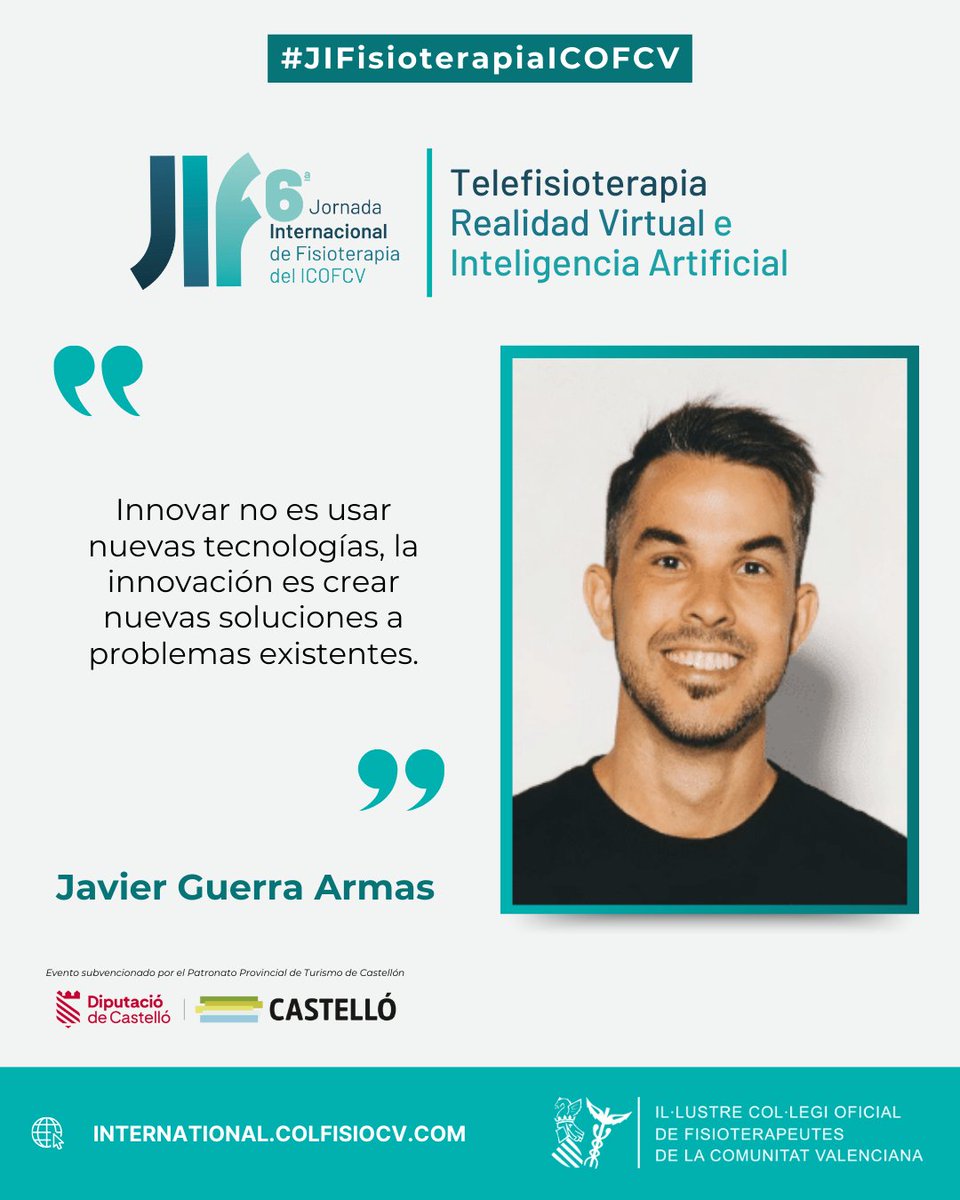 Icofcv's tweet photo. @Javi_Guerra_Ar experto en Sport Science, será ponente en la VI Jornada de #Fisioterapia ICOFCV. Presentará un taller y ponencia sobre #RealidadVirtual en el manejo del dolor músculo-esquelético.
https://t.co/8gKWBFnrfc
#JIFisioterapia #ICOFCV #Telefisioterapia https://t.co/XX707ppfpy