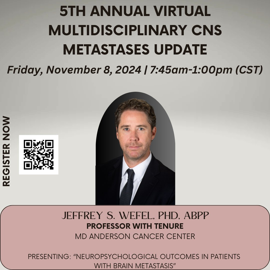 Speaker Spotlight today is Dr. Jeffrey Wefel presenting at the 5th annual Multidisciplinary CNS Metastases Update on Friday, November 8! Register for free via QR code or go.wisc.edu/27gc9z
<a href="/mahua_deyMD/">Mahua Dey</a> <a href="/DrJoeBovi/">DrJoeBovi</a>