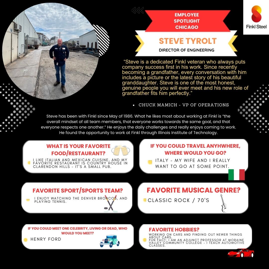 Finkl_Steel's tweet image. Employee Spotlight! ​💼 ❇️ 

Steve Tyrolt, Director of Engineering at Finkl Chicago.

#FinklSteel #ForgingSteel #SteelManufacturing #Chicago #SteelIndustry #Engineering