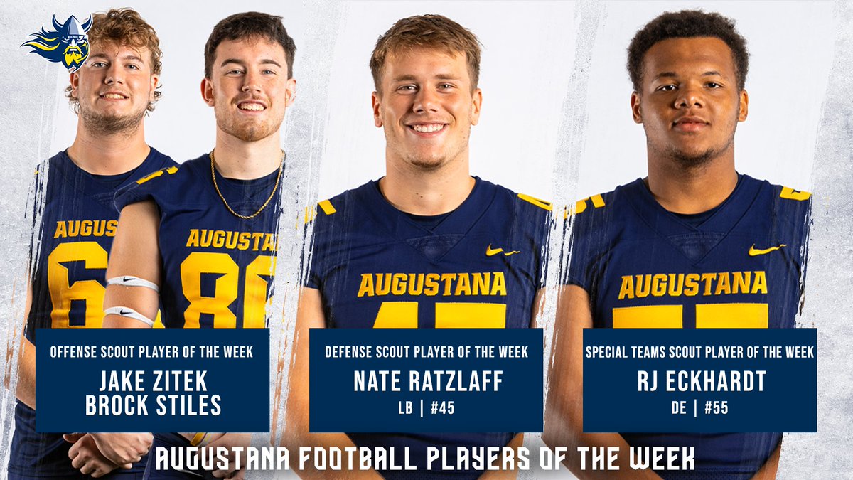 Augustana Football (@augiefb) on Twitter photo Congratulations to our Scout Players of the Week for Week Eight⚔️
🟡 <a href="/JakeZitek74/">Jake Zitek</a>
🟡 <a href="/BrockStiles/">Brock Stiles</a>
🟡 <a href="/NateRatzlaff/">Nate Ratzlaff</a>
🟡 <a href="/EckhardtRj/">Rj Eckhardt</a>
#BeTheRock ⚔️ #BuildingChampions Congratulations to our Scout Players of the Week for Week Eight⚔️
🟡 <a href="/JakeZitek74/">Jake Zitek</a>
🟡 <a href="/BrockStiles/">Brock Stiles</a>
🟡 <a href="/NateRatzlaff/">Nate Ratzlaff</a>
🟡 <a href="/EckhardtRj/">Rj Eckhardt</a>
#BeTheRock ⚔️ #BuildingChampions
