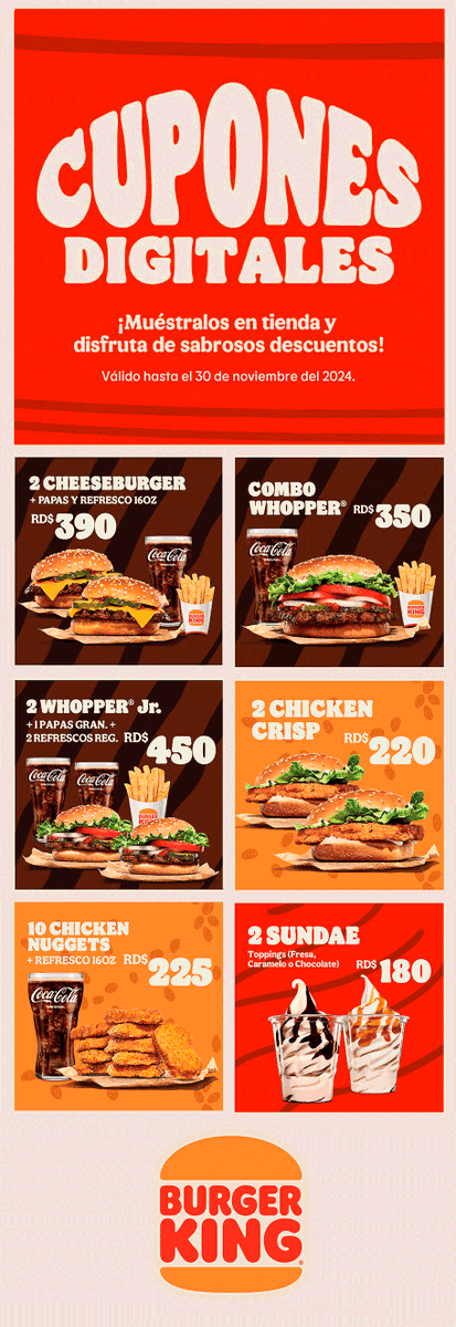 EmailMS's tweet photo. ¡Aprovecha tus Cupones Digitales y disfruta los mejores combos! @burgerkingrd #BurgerKingrd
Muestra este correo en anuncio en nuestras tiendas y disfruta combos irresistibles a precios especiales. https://t.co/EZMfZse5gD