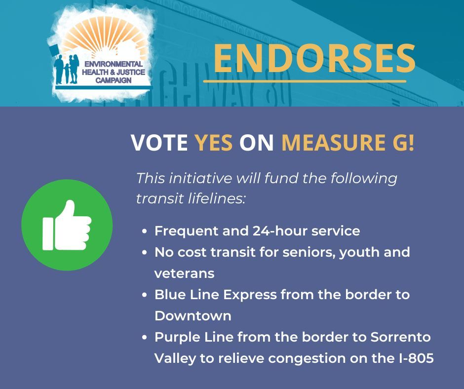 San Diego's current transit system is hurting our lungs and holding back working families while fueling climate change. Measure G will help clean our air and fund the 10 Transit Lifelines! 

Take the pledge bit.ly/TransitPledge2… 

#MeasureG #Election2024 #SanDiegoCounty
