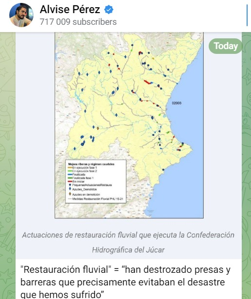 Mientras tanto estos dos subnormales aprovechando la desgracia para difundir bulos. No se ha demolido ninguna presa ni ningún embalse en la Comunidad Valenciana.
Alvise y Vito Quiles viven de la mentira y el odio.