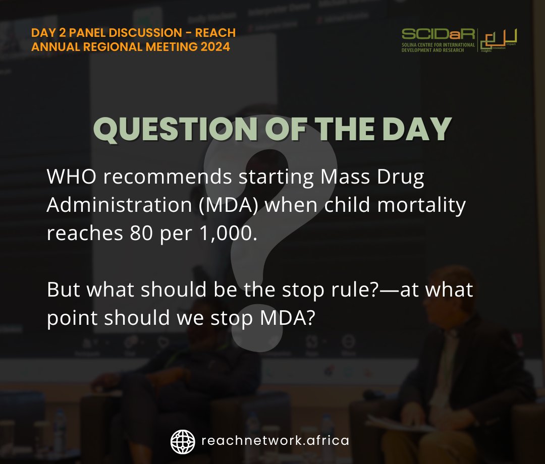 SCIDaR_'s tweet photo. Question of the Day: At what rate should MDA for child mortality start and stop? Share your thoughts!

#REACHNetwork #SCIDaRImpact https://t.co/n0xZWWt3oQ