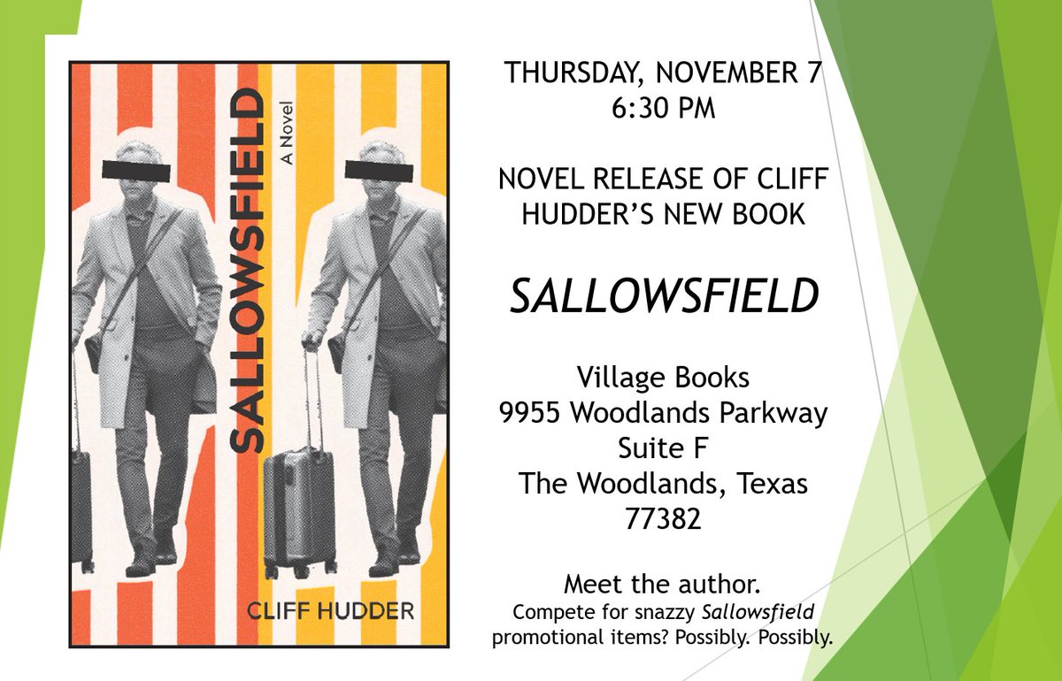 Next Thursday, November 7. the release of my newest novel at Village Books in the Woodlands! Relax. Enjoy promotional prizes. Hey, the election will be over . . . if not finished. <a href="/TxReviewPress/">TRP: The University Press of SHSU</a>
