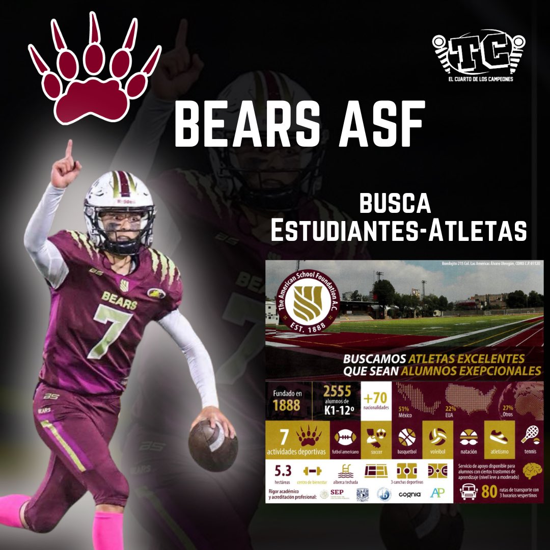 🙌🏻 ABRE RECLUTAMIENTO EL COLEGIO AMERICANO… 

Los 🐻 Bears ASF abrirán espacios académicos para atletas de categoría Juvenil con becas de hasta el 90 %. 

El H.C.🎧  <a href="/peay20/">Robert Peay</a> abre el proceso para chicos de 12, 13 y 14 años que estén interesados. 

CONTACTO 📩 peayr@asf.edu.mx