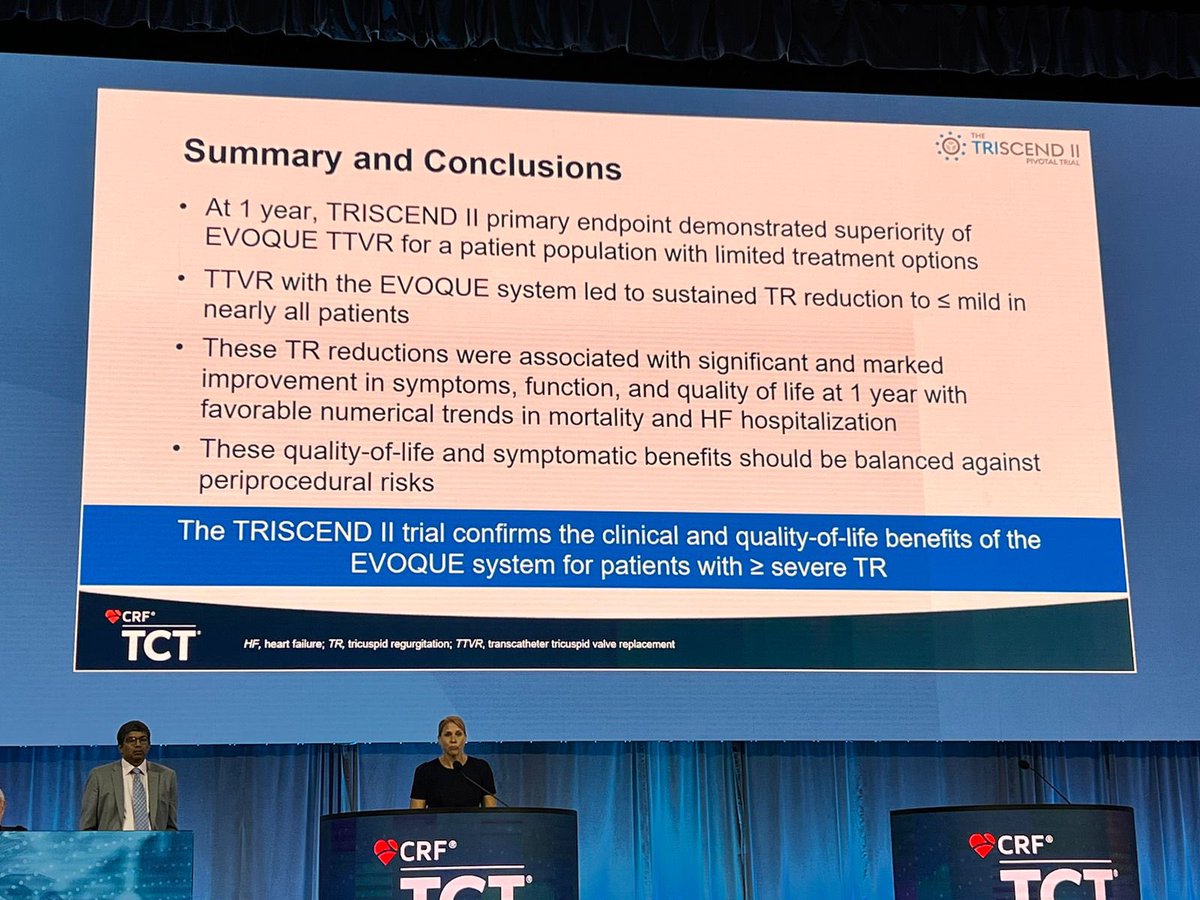 MIЯVΛƬ #IC (@mirvatalasnag) on Twitter photo #TCT2024 #LBCT TRISCEND II
<a href="/crfheart/">Cardiovascular Research Foundation</a>
At 1 year, TRISCEND Il demonstrated superiority of
EVOQUE TTVR
TTVR with EVOQUE led to sustained TR reduction to ≤ mild in all patients
Significant improvement in symptoms, function, & QOL at 1 year with favorable numerical trends in #TCT2024 #LBCT TRISCEND II
<a href="/crfheart/">Cardiovascular Research Foundation</a>
At 1 year, TRISCEND Il demonstrated superiority of
EVOQUE TTVR
TTVR with EVOQUE led to sustained TR reduction to ≤ mild in all patients
Significant improvement in symptoms, function, & QOL at 1 year with favorable numerical trends in