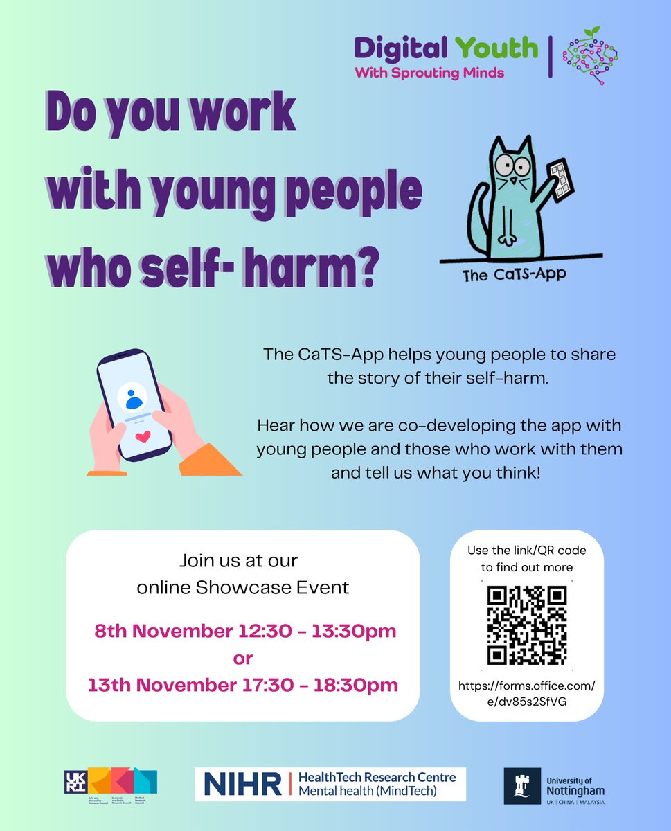 Jo Lockwood (@jolealockwood) on Twitter photo CaTS-App helps young people to share their self-harm story and explore their needs with practitioners. If you work with yp who self-harm why not come along to our practitioner showcase for a peak at our early co-developed prototype? <a href="/SelfHarmRes/">Professor Ellen Townsend</a> Sign up➡️forms.office.com/e/dv85s2SfVG CaTS-App helps young people to share their self-harm story and explore their needs with practitioners. If you work with yp who self-harm why not come along to our practitioner showcase for a peak at our early co-developed prototype? <a href="/SelfHarmRes/">Professor Ellen Townsend</a> Sign up➡️forms.office.com/e/dv85s2SfVG