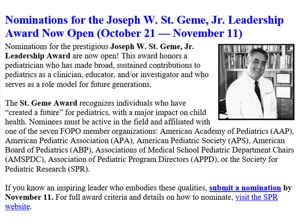 Pediatric Policy Council (@council_policy) on Twitter photo Nominations for the St. Geme Jr. Award are open. Please consider honoring a visionary pediatrician from <a href="/AmerAcadPeds/">American Academy of Pediatrics</a> <a href="/AcademicPeds/">Academic Peds Assoc</a> <a href="/AmerPedSociety/">APS</a> <a href="/ab_peds/">American Board of Pediatrics (ABP)</a> <a href="/amspdc/">AMSPDC</a> <a href="/APPDconnect/">APPD</a> <a href="/SocPedResearch/">SPR</a> RT <a href="/AAPNews/">AAP News</a> <a href="/LoisLeeMD/">Lois Lee, MD, MPH</a> <a href="/JoyceJavierMD/">Joyce Javier MD, MPH, MS, FAAP</a> <a href="/monapatelgera/">monapatelgeramd</a> <a href="/olddockeller/">David Keller</a> <a href="/LisaChaMD/">Lisa Chamberlain, Pediatrician</a> Nominations for the St. Geme Jr. Award are open. Please consider honoring a visionary pediatrician from <a href="/AmerAcadPeds/">American Academy of Pediatrics</a> <a href="/AcademicPeds/">Academic Peds Assoc</a> <a href="/AmerPedSociety/">APS</a> <a href="/ab_peds/">American Board of Pediatrics (ABP)</a> <a href="/amspdc/">AMSPDC</a> <a href="/APPDconnect/">APPD</a> <a href="/SocPedResearch/">SPR</a> RT <a href="/AAPNews/">AAP News</a> <a href="/LoisLeeMD/">Lois Lee, MD, MPH</a> <a href="/JoyceJavierMD/">Joyce Javier MD, MPH, MS, FAAP</a> <a href="/monapatelgera/">monapatelgeramd</a> <a href="/olddockeller/">David Keller</a> <a href="/LisaChaMD/">Lisa Chamberlain, Pediatrician</a>