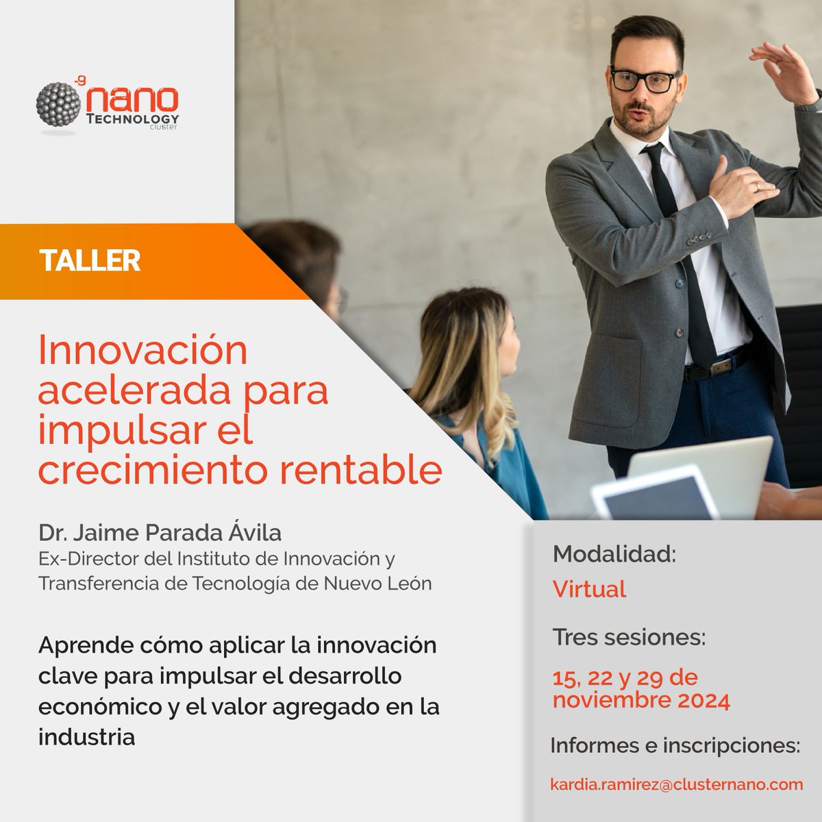 clusternano's tweet photo. 📢 ¡El taller está cada vez más cerca! 

No dejes pasar la oportunidad de aprender de uno de los mejores. 

Si quieres implementar un modelo de innovación que realmente haga crecer tu industria, escribe a kardia.ramirez@clusternano.com para más información e inscripciones. https://t.co/50dbC94vG5