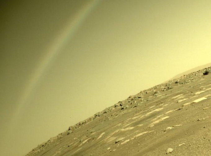 A rainbow on Mars!
NASA's Mars Perseverance rover acquired this image of the area in back of it using its onboard Rear Right Hazard Avoidance Camera.
This image was acquired on April 4, 2021 
Image Credit: NASA/JPL-Caltech