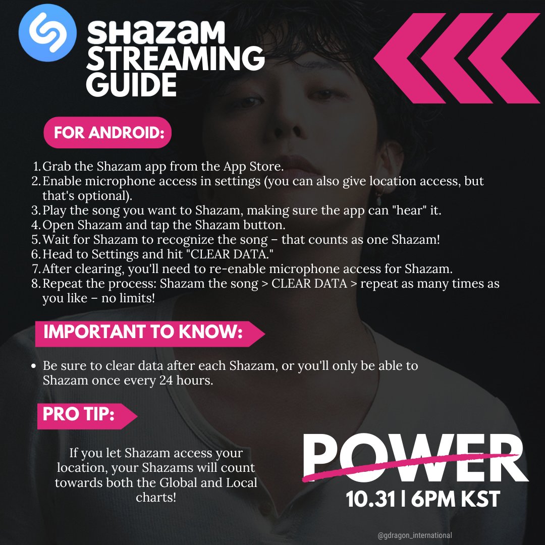 gdragonintl's tweet photo. 📈 Shazam Streaming Guide

G-DRAGON IS COMING
#GDRAGONxPOWER
#GDRAGON2024 #지드래곤 @IBGDRGN https://t.co/WXMhZpRqYA