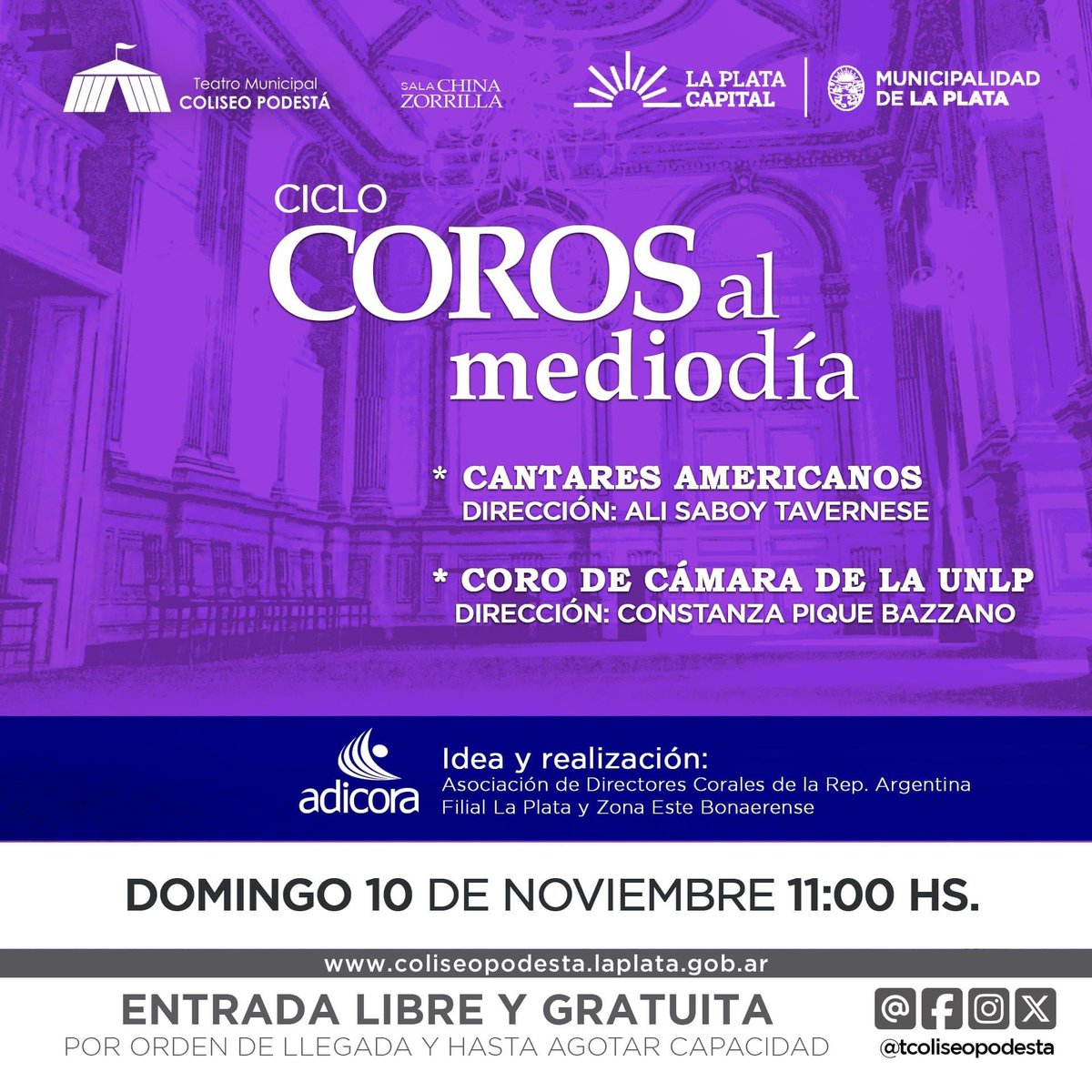 tcoliseopodesta's tweet image. 🎼  COROS AL MEDIODÍA 🎼 

El Coliseo Podestá, junto a la Asociación de Directores Corales de la República Argentina Filial La Plata y Zona Este Bonaerense, lleva adelante el ciclo Coros al Mediodía en la sala China Zorrilla.
🎫  #Entrada libre y #gratuita. 🎫
