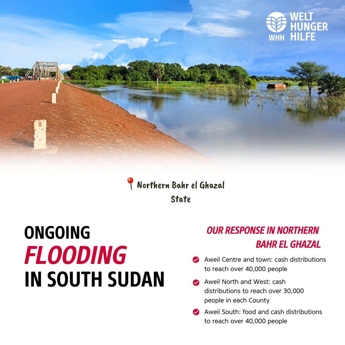 🚨 Flooding across #SouthSudan
In Northern Bahr el Ghazal, with 250,000+ people impacted by #floods, we're providing essential cash &amp; food distributions in the hardest-hit areas thanks to support from <a href="/WFP/">World Food Programme</a>. 
We’re committed to ongoing relief efforts to assist affected communities