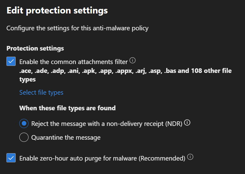 ItzHerbie's tweet photo. SOCs using Defender XDR Email &amp; Collaboration policies can block .RDP attachments and other file types. Defender XDR > Email &amp; Collaboration > Policies &amp; Rules > Threat Policies > Anti-Malware > "Select Your Policy"  @msftsecurity  @MsftSecIntel https://t.co/89KnJW6oE6