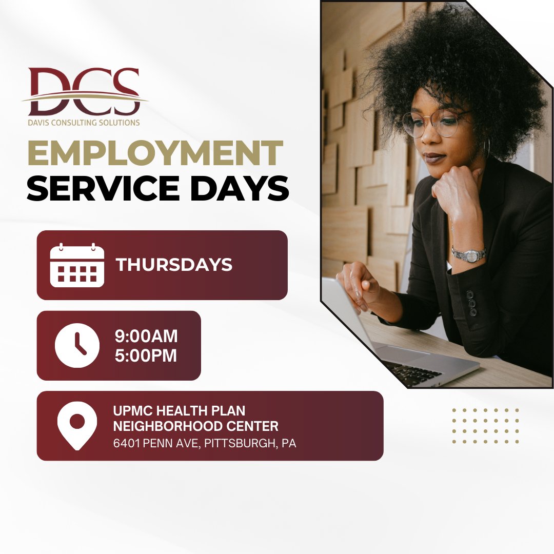 davisconsulting's tweet image. Looking for your next career move? 🔍 Join us for Employment Service Days! These are educational networking opportunities you won’t want to miss. 

@MsDavisofPgh #DavisConsultingSolutions #Community2Work #Job #Career #Employment #CommunityEngagement #CommunityPartners