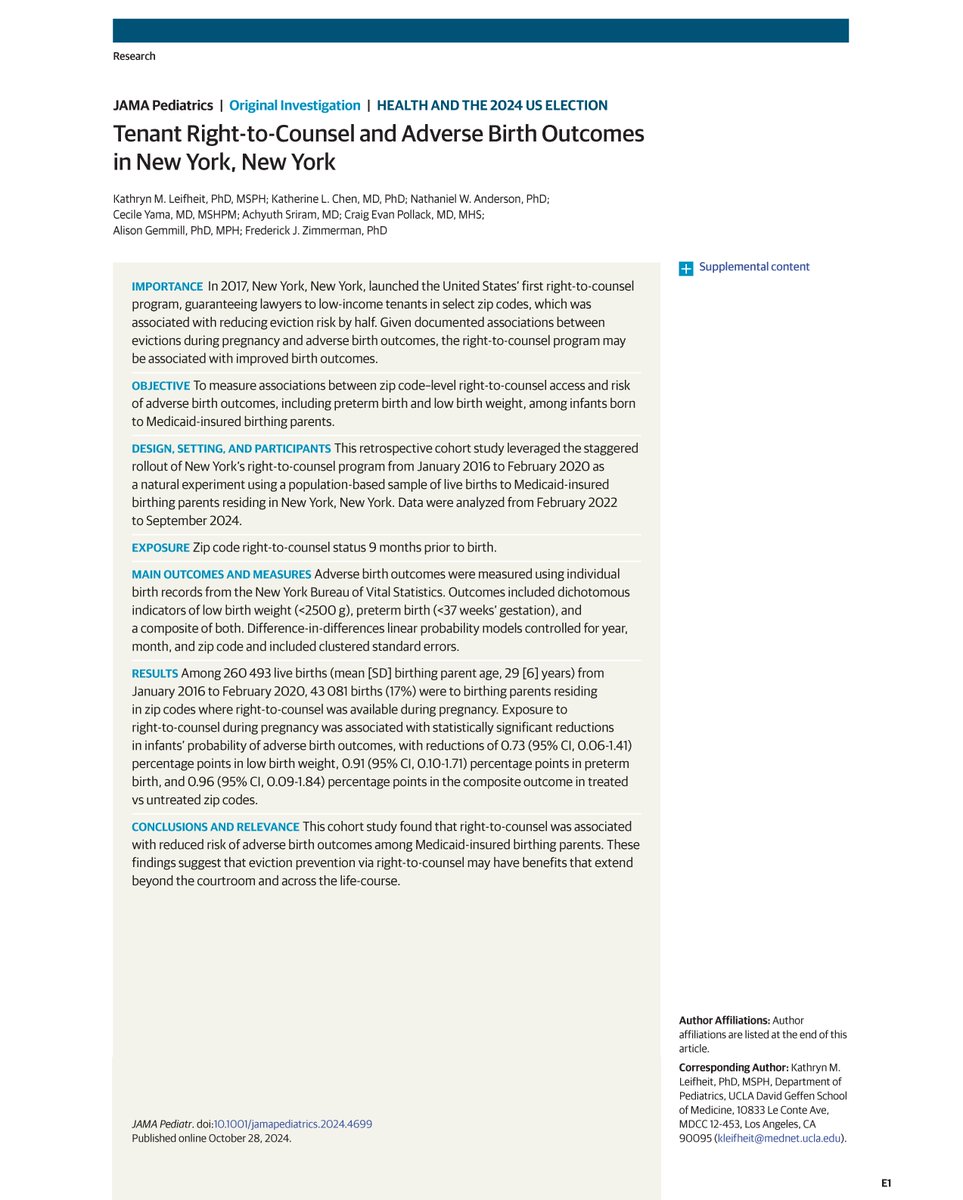 The implementation of right-to-counsel for low-income tenants in New York, New York, was associated with a 0.96–percentage point reduction in adverse birth outcomes among infants born to Medicaid-insured parents. ja.ma/3AdKoUR