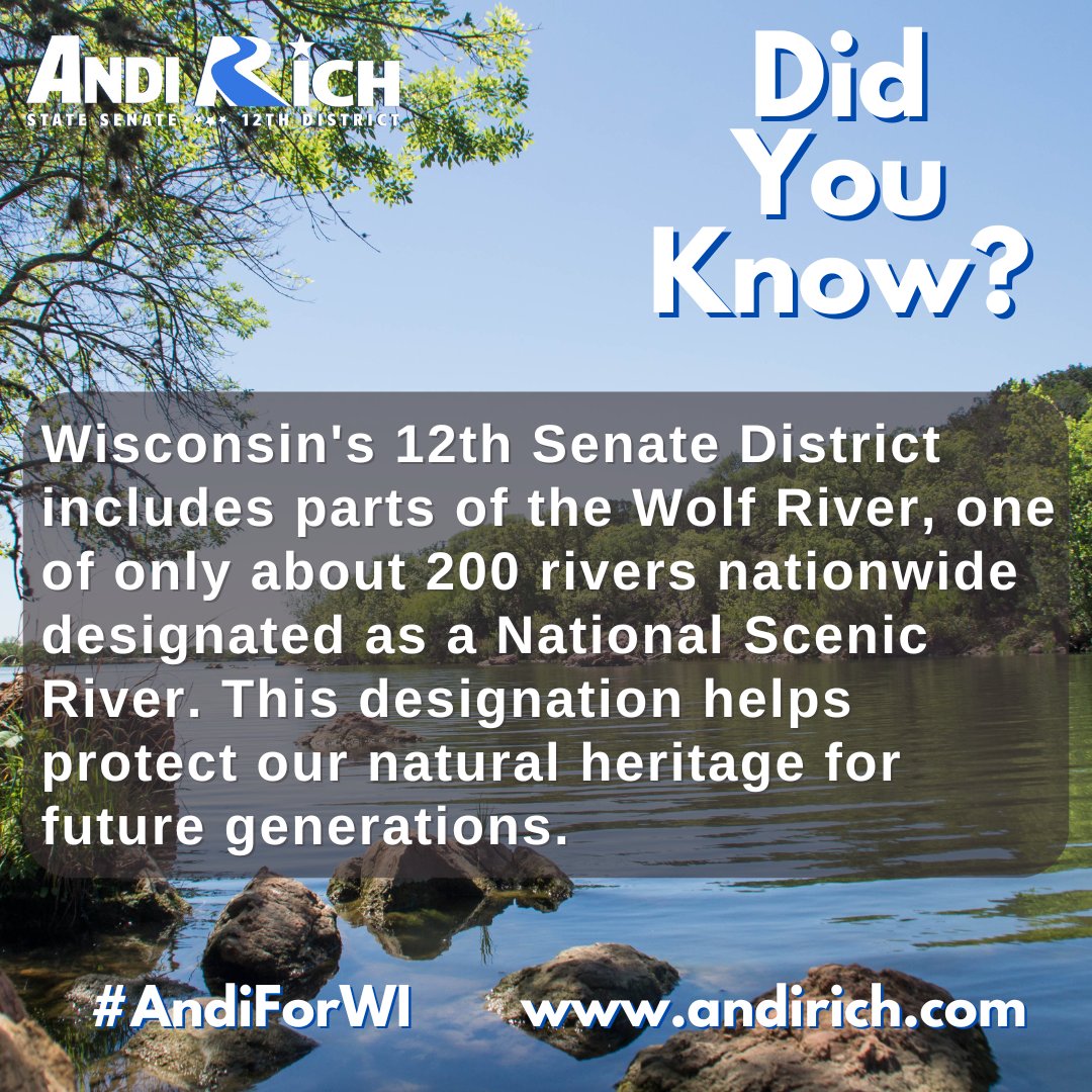 AndiRichWI's tweet image. Did You Know? Wisconsin&apos;s 12th Senate District includes parts of the Wolf River, one of only about 200 rivers nationwide designated as a National Scenic River. This designation helps protect our natural heritage for future generations.
#AndiForWI #Northwoods #DidYouKnow