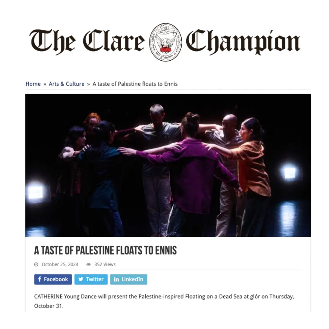 Catherine Young Dance (@cathyoungdance) on Twitter photo Thank you <a href="/ClareChampion/">The Clare Champion</a> for a great feature on Floating on a Dead Sea ahead of tomorrow's <a href="/glorennis/">glor ennis</a> performance.
As Saturday's <a href="/PavilionTheatre/">Pavilion Theatre</a> show is sold out, this is the final chance to see the work. Tickets from glor.ie / Call the Box Office 065 684 3103. Thank you <a href="/ClareChampion/">The Clare Champion</a> for a great feature on Floating on a Dead Sea ahead of tomorrow's <a href="/glorennis/">glor ennis</a> performance.
As Saturday's <a href="/PavilionTheatre/">Pavilion Theatre</a> show is sold out, this is the final chance to see the work. Tickets from glor.ie / Call the Box Office 065 684 3103.
