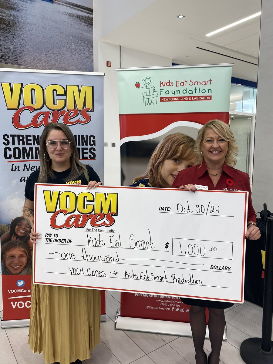 VOCMCares's tweet photo. VOCM Cares is proud to support the Kids Eat Smart Foundation Newfoundland and Labrador with a $1,000 donation during this afternoon’s radiothon. The Radiothon is at The Avalon Mall from 1pm - 5pm. Call to donate. @KidsEatSmartNL
#VOCMCares #kidseatsmart #breakfastprograms https://t.co/BOm3Js75ws