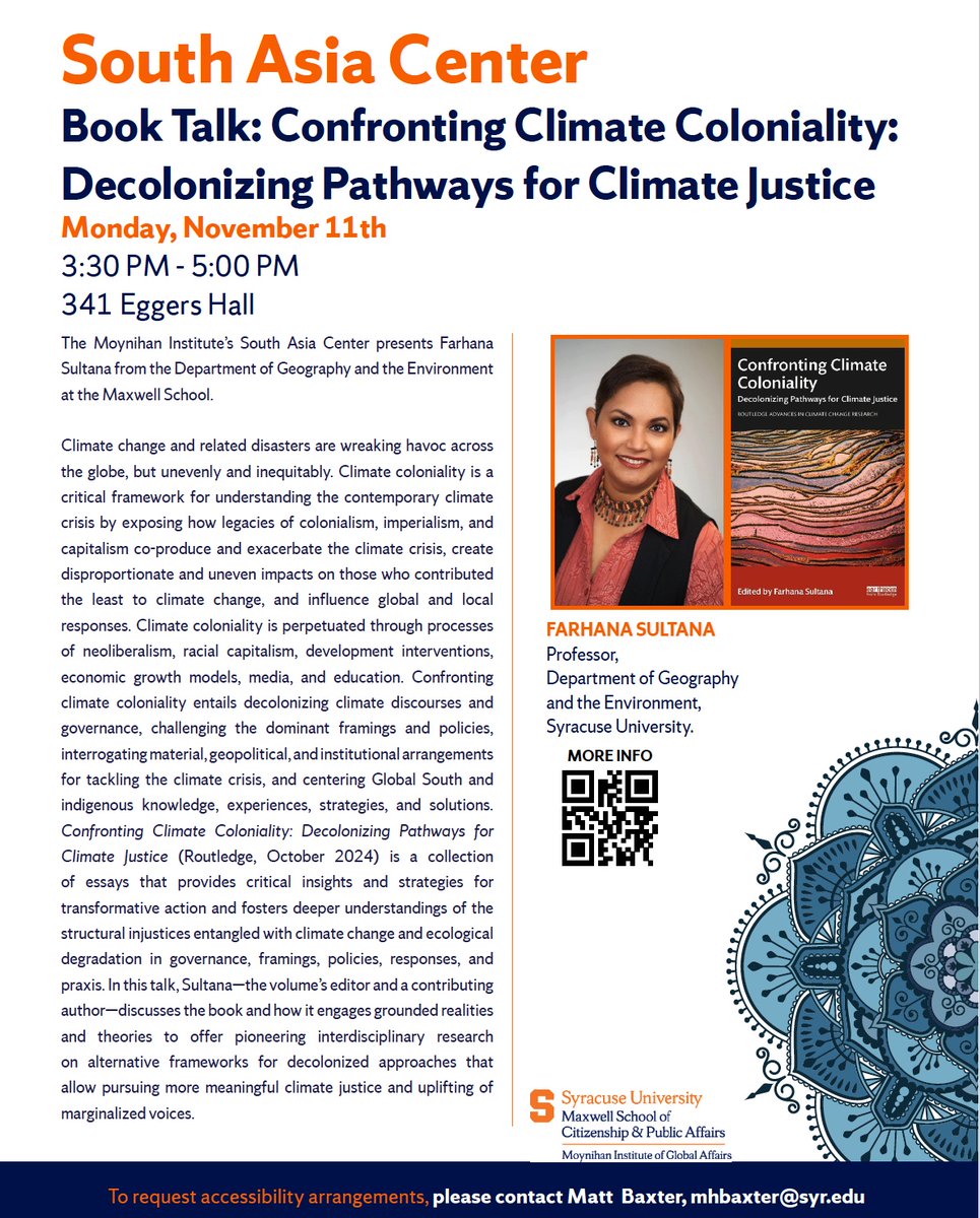Come to my book talk &amp; signing if you're in the upstate NY area!

"Confronting Climate Coloniality: Decolonizing Pathways for Climate Justice"

341 Eggers Hall
Syracuse University
Monday, November 11th
3:30 pm - 5:00 pm EST

The bookstore will have copies of the book on-site!