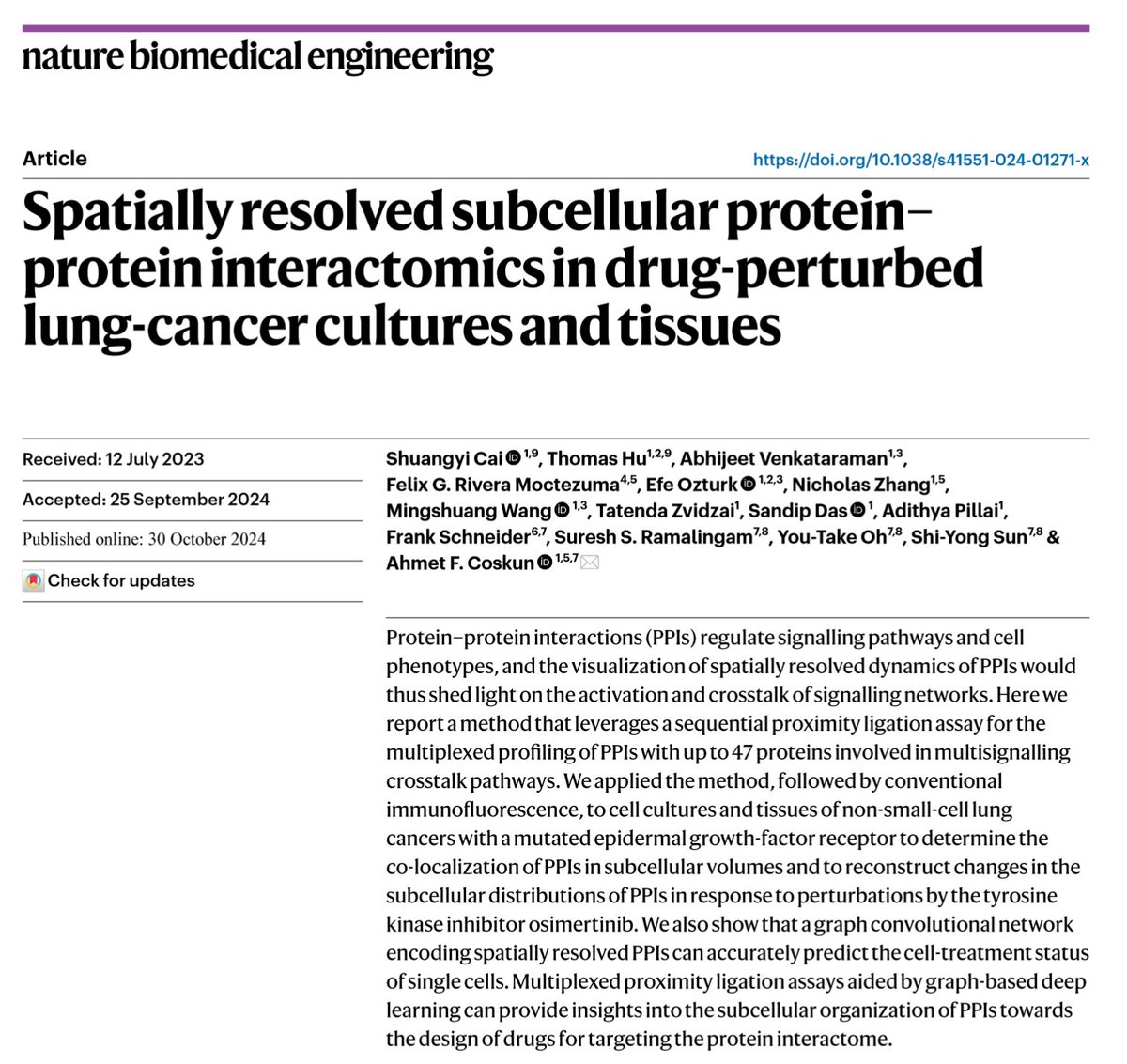 Ahmet F. Coskun (@ahmetfcoskun) on Twitter photo New Publication Alert!
We are excited to announce our recent efforts published in Nature BME focusing on "spatial interactomics"
a new trend in spatial omics to go beyond "localizing proteins" only using multiplexed imaging or sequencing
rdcu.be/dYzK3
<a href="/CoulterBME/">Coulter BME | Emory & Georgia Tech</a> New Publication Alert!
We are excited to announce our recent efforts published in Nature BME focusing on "spatial interactomics"
a new trend in spatial omics to go beyond "localizing proteins" only using multiplexed imaging or sequencing
rdcu.be/dYzK3
<a href="/CoulterBME/">Coulter BME | Emory & Georgia Tech</a>