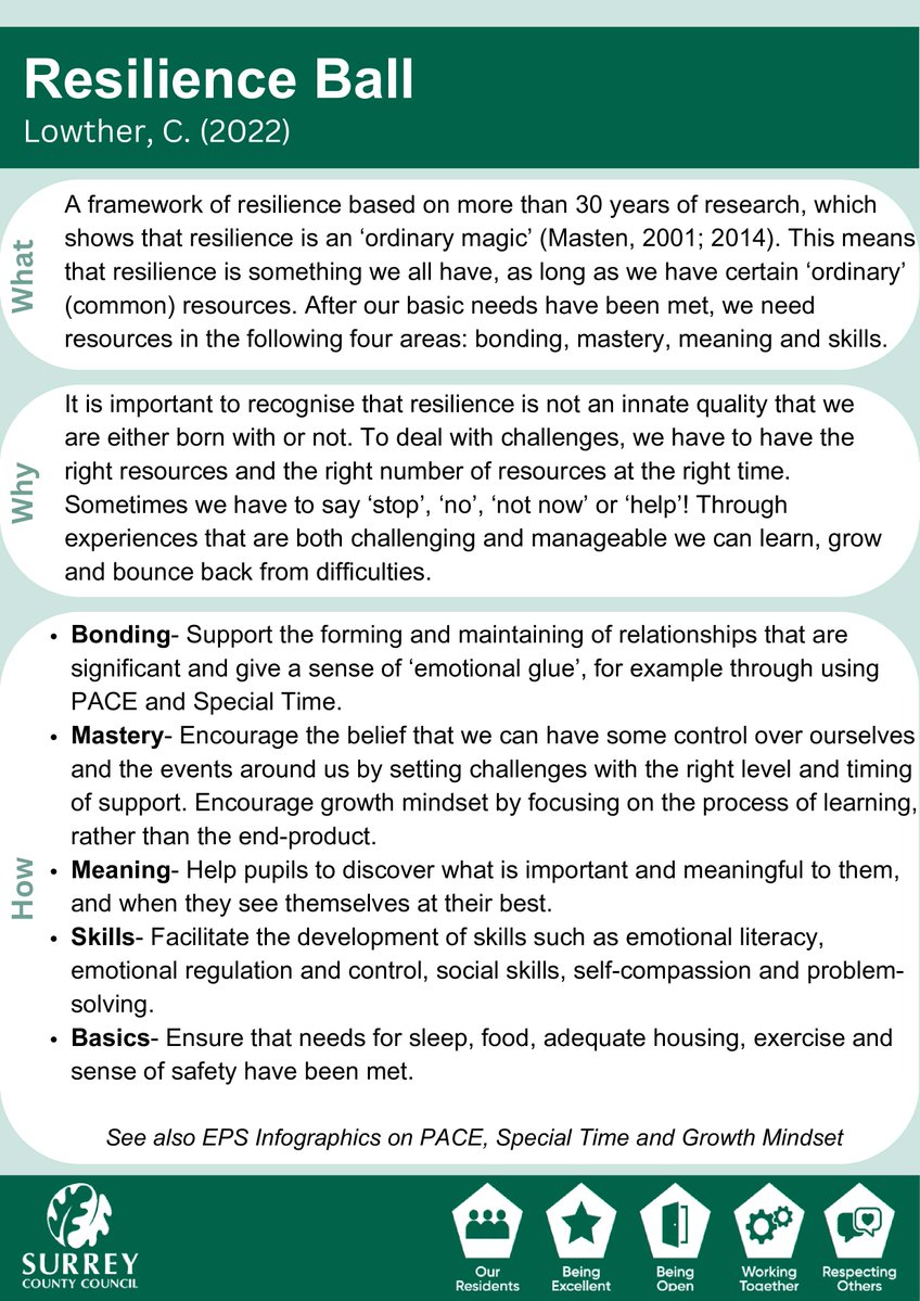 After our basic needs have been met, we need resources in the following four areas: bonding, mastery, meaning and skills. The Resilience Ball framework developed by <a href="/CathLowther/">Dr Cath Lowther</a> (2022) explores how we deal with challenges.