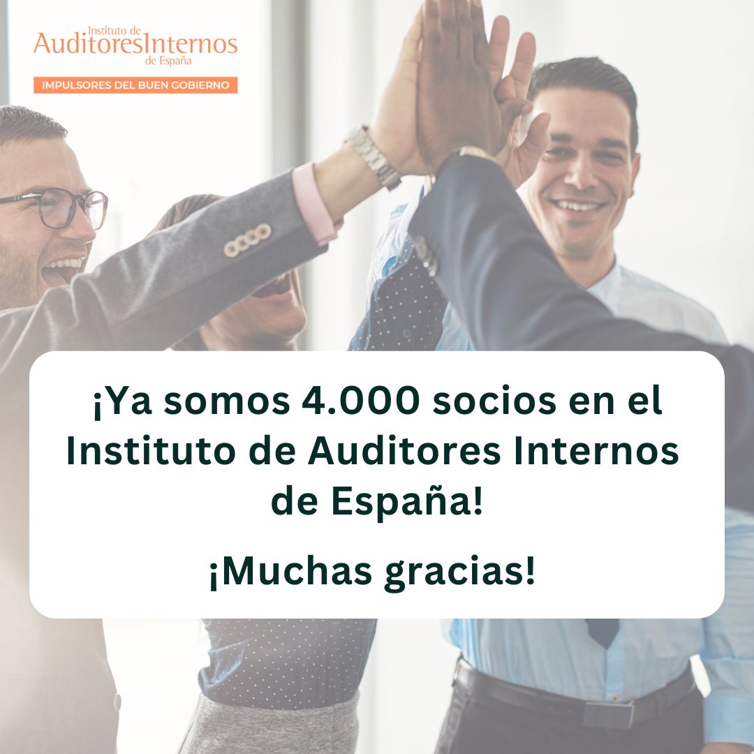 AuditorInterno's tweet photo. ¡Es una alegría compartir que ya somos 4.000 socios en el Instituto de Auditores Internos de España!

Tras más de 40 años de trayectoria, queremos celebrar este hito y agradecer a todos los socios vuestra dedicación, confianza y cercanía. Vuestro compromiso con la profesión es una inspiración para nosotros.

Y, por supuesto, nuestra promesa de seguir trabajando para ofreceros los mejores servicios y así podáis seguir llevando a cabo nuestro propósito como auditores internos: “crear, proteger y sostener el valor de nuestras organizaciones”.

#AuditoríaInterna #AuditoresInternos