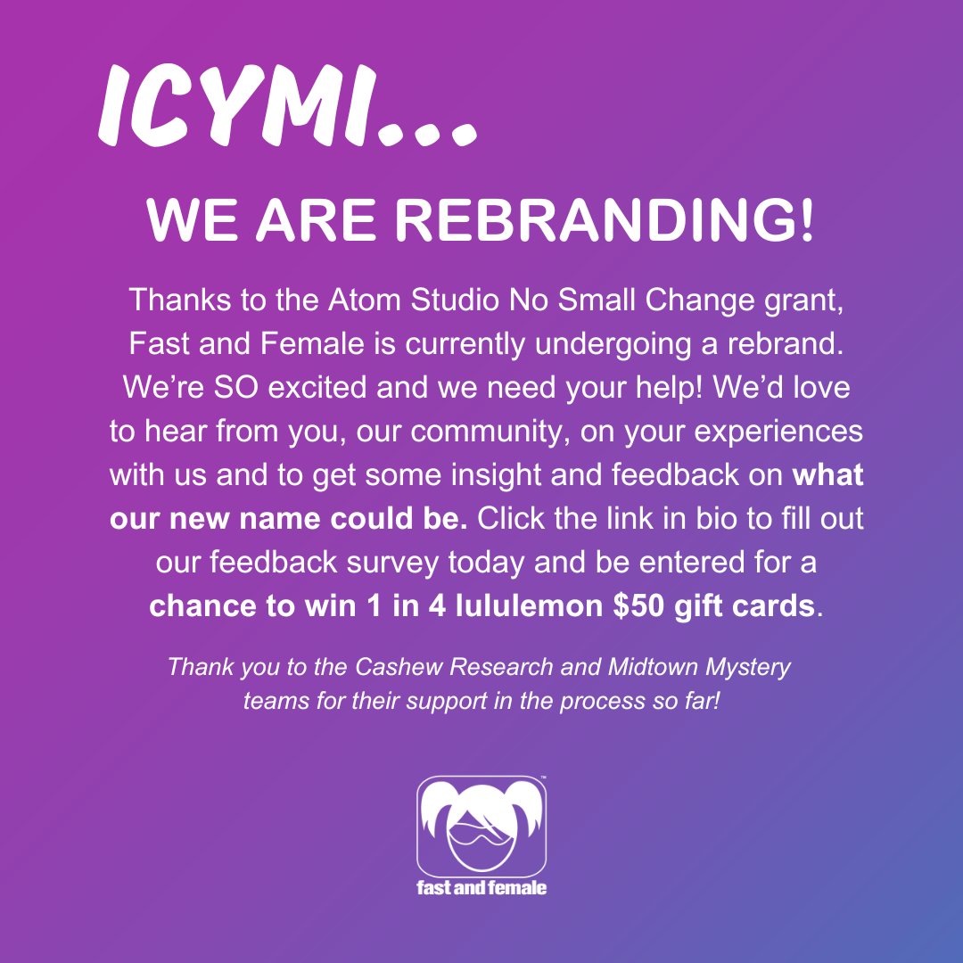 We need your help! We are rebrand and would love your input and feedback on your experiences with Fast and Female and what our new name could be. Fill out our feedback survey today, plus enter for a chance to win: survey.alchemer-ca.com/s3/50281065/Fa… #GirlsInSports #CanadianCharity #Rebrand