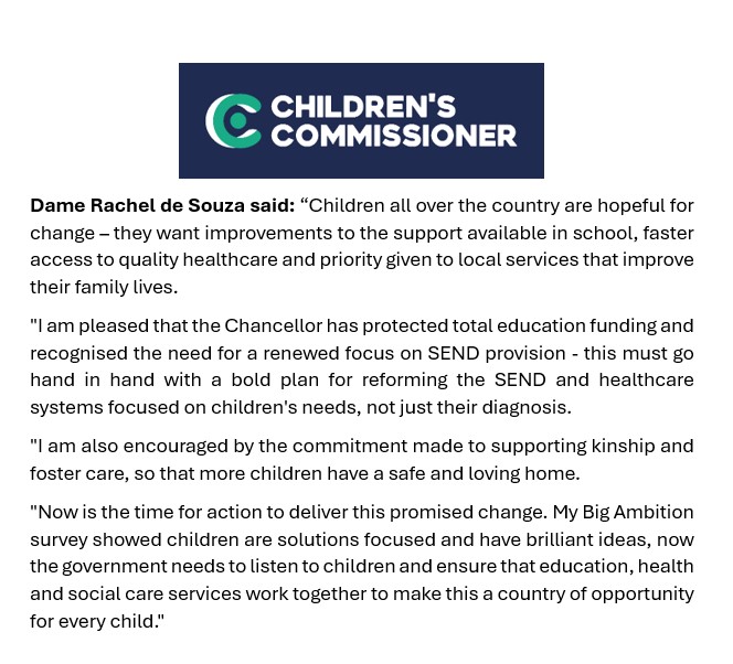 Children across the country want change: better school support, faster healthcare and strong local services. 

I'm pleased the Chancellor has protected total education funding and recognised the need for a renewed focus on SEND provision. 

Read my full #2024Budget statement👇
