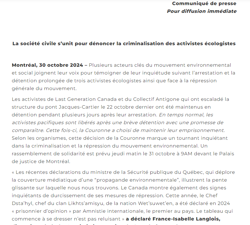 INQUIÉTUDE PARTAGÉE FACE À LA RÉPRESSION DES ACTIVISTES
Un vaste mouvement d'indignation se propage au sein du milieu environnemental suite à la répression et la criminalisation des activistes qui ont escaladé le pont Jacques Cartier la semaine dernière.
naturequebec.org/societe-civile…