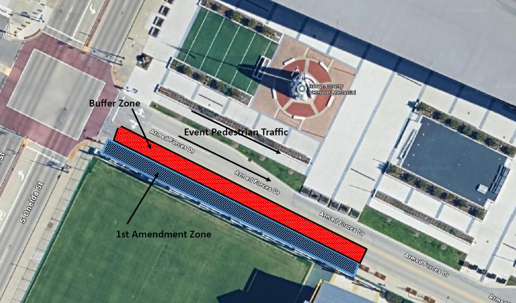 BCSO wants to share some information about today’s private event at the Resch Center. The public can expect full road blocks at times around the Resch Center. BRSO would also like to respect the time, place, and manner for 1st amendment events and have designated areas as shown