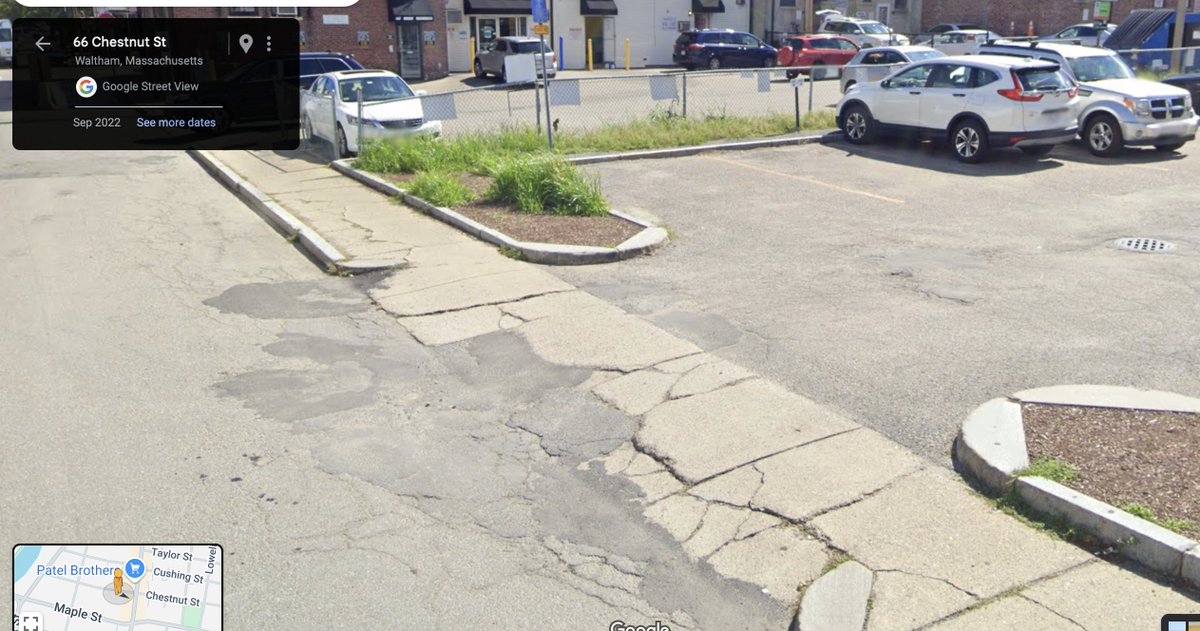 saulblum's tweet photo. While @WalthamMAPolice begs drivers to not park in handicapped spots w/o a placard, here's a sidewalk next to one of those spots that has been in this decrepit state since street view started in 2007. Accessibility is more than handicapped spots. https://t.co/kEGjojuHhE