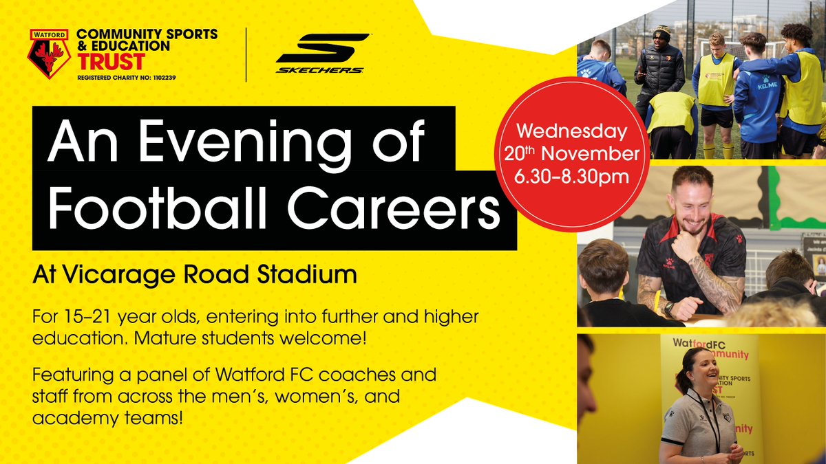 Herts Sport & Physical Activity Partnership (HSP) (@sportinherts) on Twitter photo A panel of Watford FC coaches and staff from across the men's, women’s, and academy teams will share their experiences working in the football industry, offering key insights and advice as part of an evening at Vicarage Road Stadium.
Full story ➡️ tinyurl.com/28zjnxuw A panel of Watford FC coaches and staff from across the men's, women’s, and academy teams will share their experiences working in the football industry, offering key insights and advice as part of an evening at Vicarage Road Stadium.
Full story ➡️ tinyurl.com/28zjnxuw