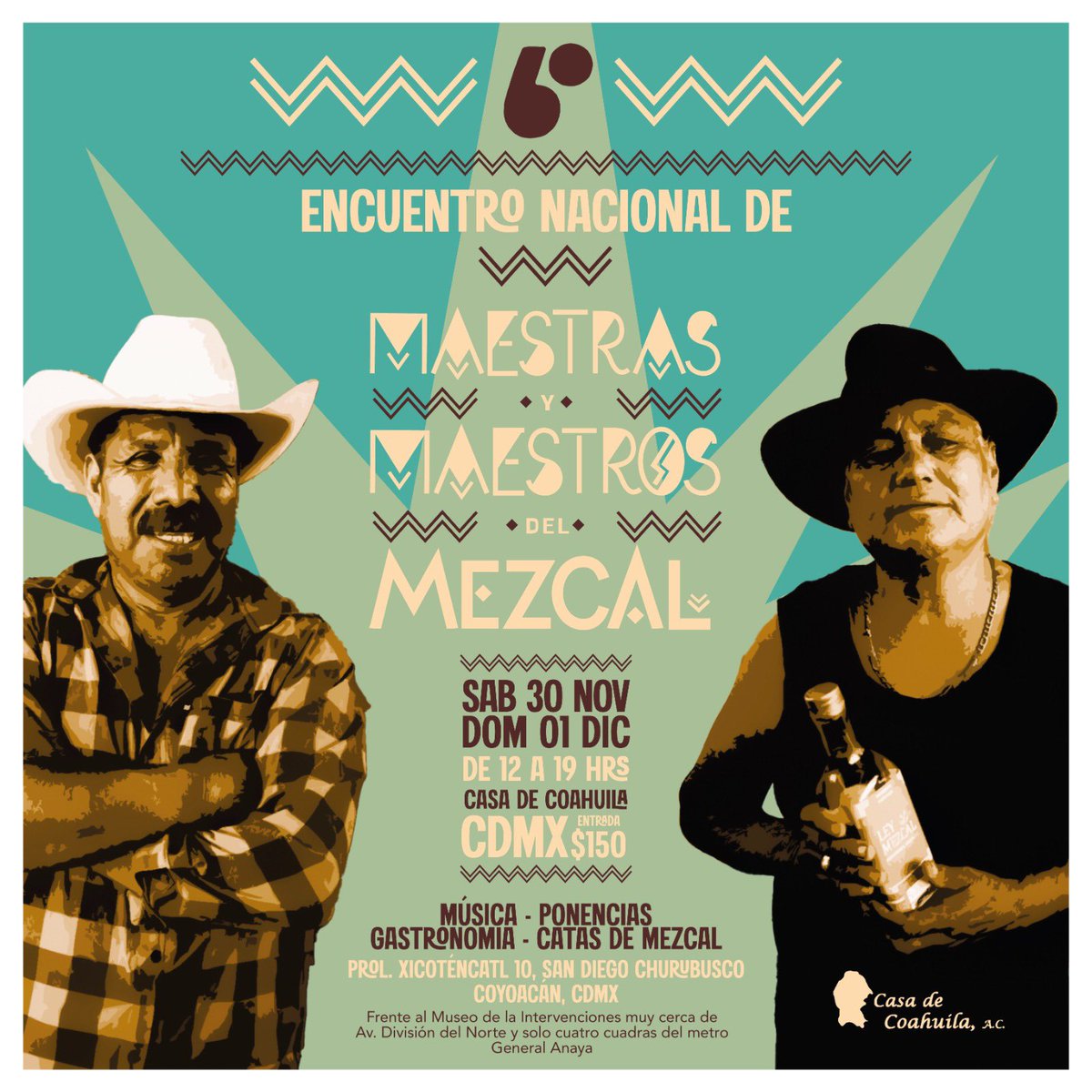 “6° Encuentro Nacional de Maestras y Maestros del Mezcal y su Cultura” Sábado 30 de Nov y 1 de Dic. de 2024. <a href="/CasaCoahuila/">Casa de Coahuila</a> #CDMX Cuota de recuperación $150.
 ¡Todos invitados!