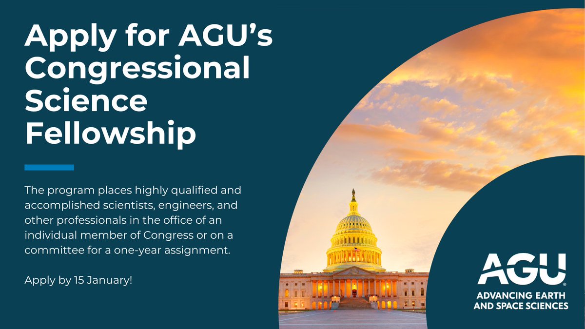 📝 Help create legislation that could change lives! 

Applications are open for AGU’s Congressional Science Fellowship program. Get placed with a Congressional office or committee for a year and shape public policy! Deadline is 15 January. agu.org/honors/csf