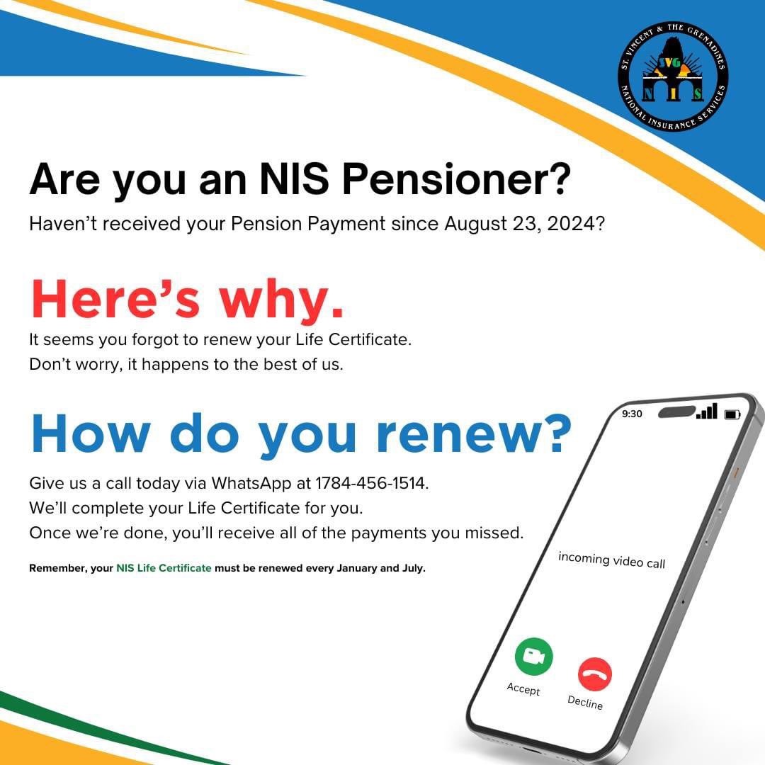 NISSVG's tweet photo. Hey! Do you know a pensioner who has not received their pension payment since August 23, 2024? Please share this post with them and ask them to contact us via WhatsApp at 1784-456-1514.

We're here to ensure the smooth and efficient renewal of Life Certificates. 

#NISSVG https://t.co/D4db2LQvOU