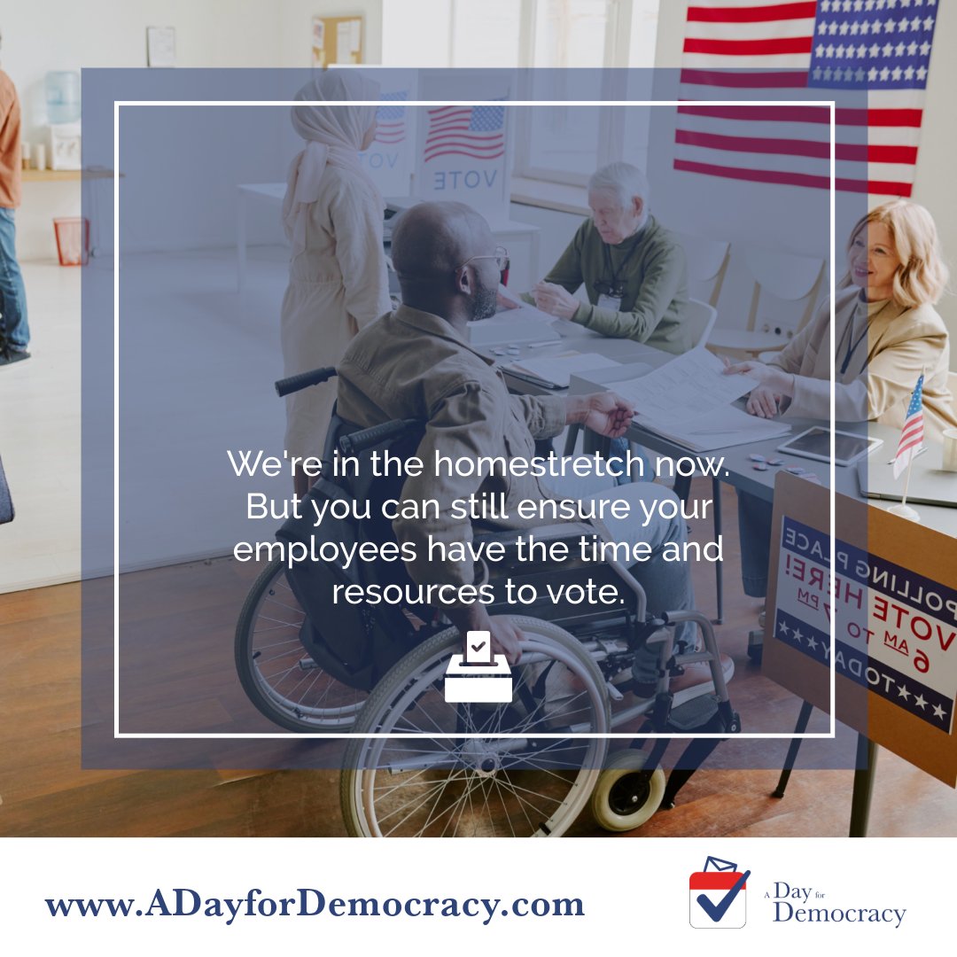 aDayForDemocrcy's tweet photo. Voting is more than a right – it’s a responsibility. With just 2 days until Election Day, let’s come together and ensure our workplaces are empowering employees to make their voices count. Get information here https://t.co/fAFGzgmS7b. #ADayForDemocracy #Vote2024 #TimeToVote https://t.co/CI7SBMy3IG