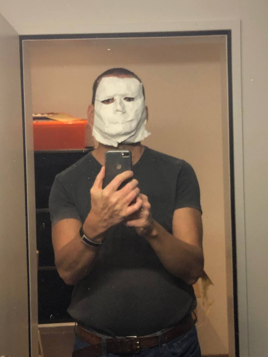 rubrick's tweet image. Here’s my papier maché mask I made for Halloween. Thinking of wearing it tomorrow with a wig and boiler suit and coming out from behind trees on dimly-lit lanes. Too much?