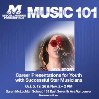 Next FREE #Music101 Workshops feature multi-instrumentalist musician JAYA STORY at the <a href="/SMschoolofmusic/">Sarah McLachlan School of Music</a> 
Nov 2nd • 2pm
Visit miscellaneousproductions.ca for more details!
#Vancouver