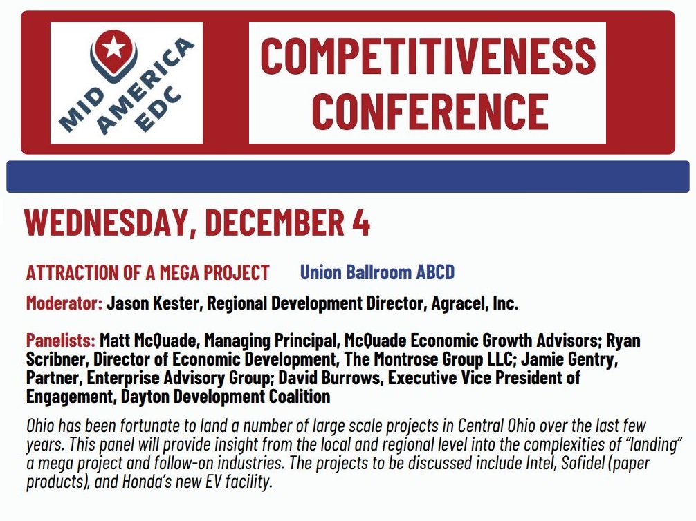 _MAEDC's tweet image. Join us at the #MidAmericaEDC 2024 #CompetitivenessConference for the ATTRACTION OF A MEGA PROJECT panel! This panel will provide insight from the local &amp;amp; regional level into the complexities of “landing” a mega project &amp;amp; follow-on industries. Register: midamericaedc.org/events-and-pro…
